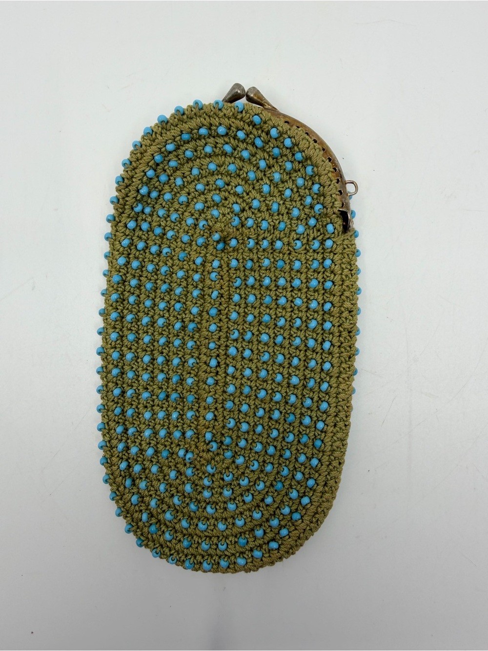 Vintage Japan Beadies Olive Green crocheted turquoise beads eyeglass case
